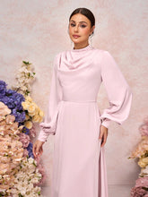 Elegant Pink Satin Draped Neck Lantern Sleeve A-Line Bridesmaid Dress